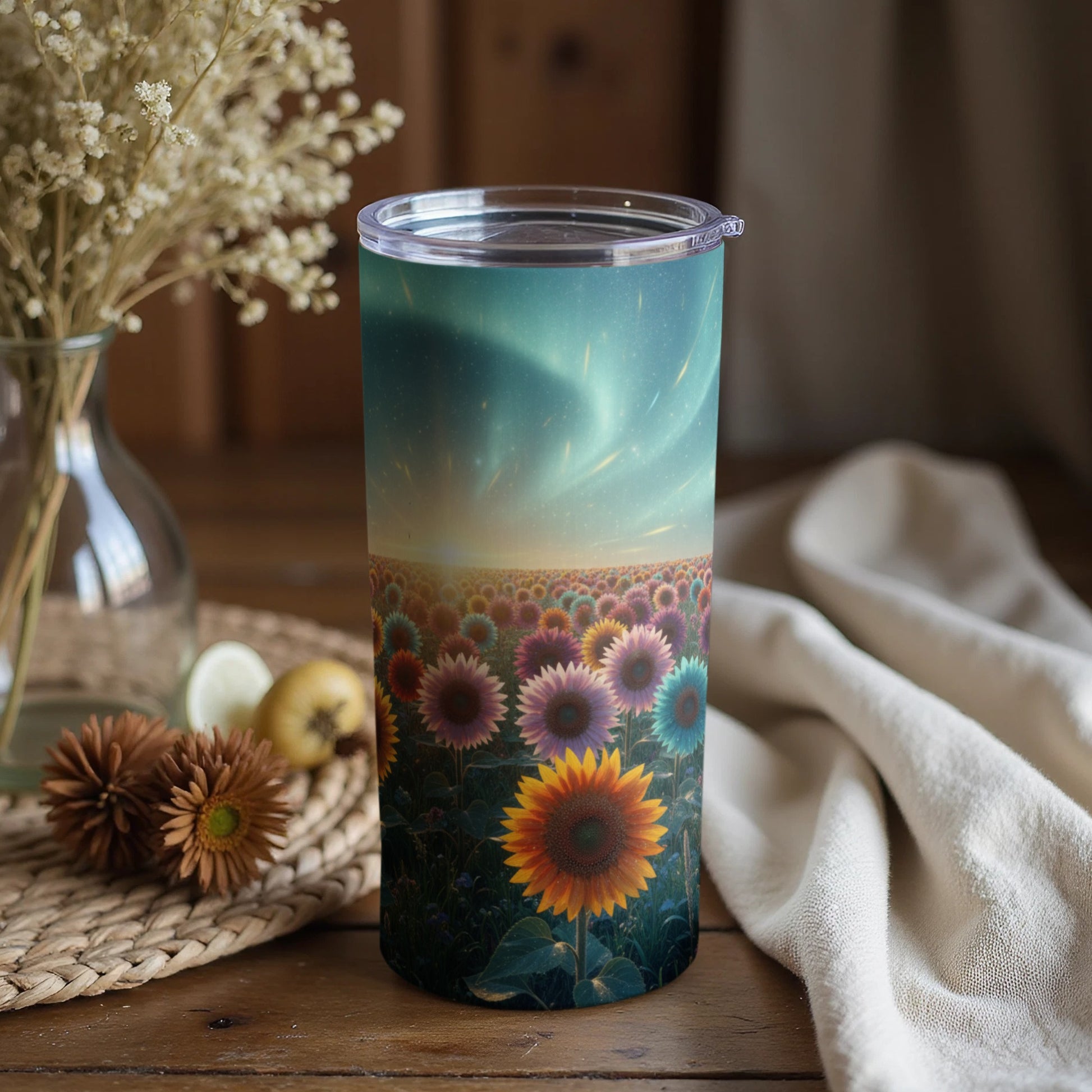 Sunflower Field Tumbler With Starry Night Sky Scene