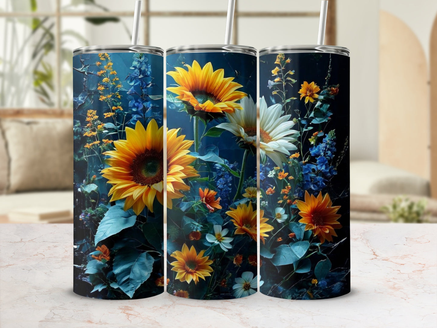 Three tumblers featuring sunflowers and assorted colorful wildflowers on a dark background.