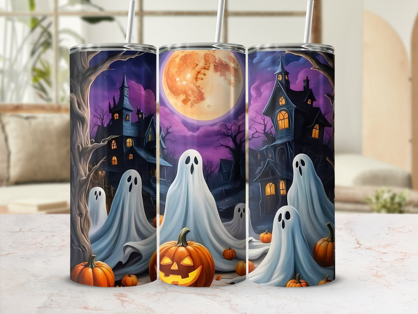 Halloween tumblers with ghosts, pumpkins, spooky houses, and a full moon.