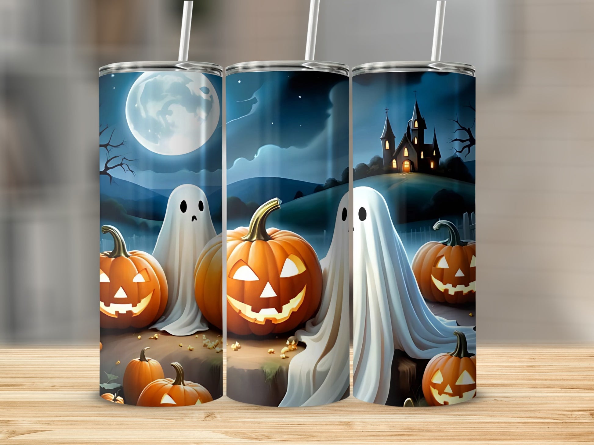 Halloween tumbler with ghosts, jack-o'-lanterns, spooky castle, and full moon.