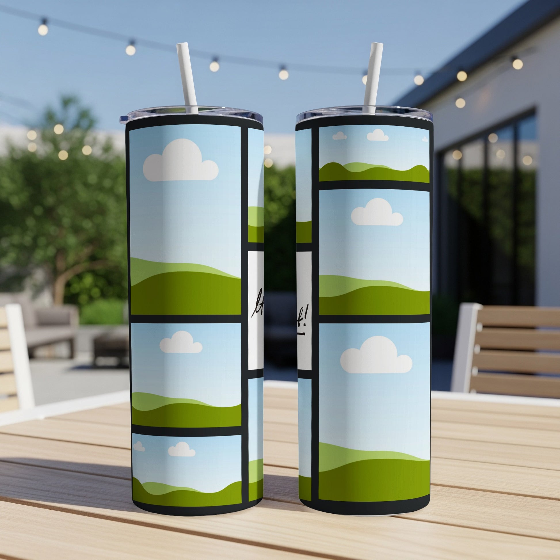 Two tumblers with a graphic design of cartoon clouds and rolling green hills.