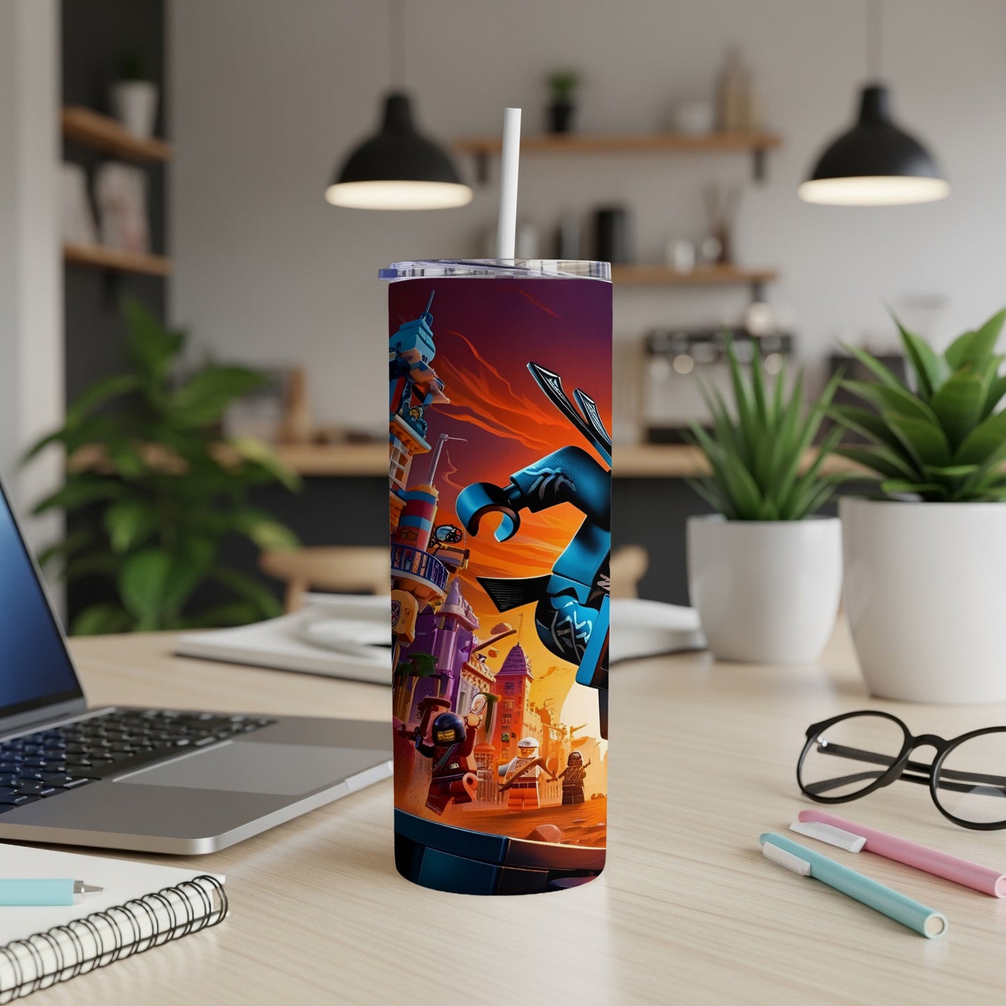 Tapered tumbler with colorful cartoon cityscape and character design.
