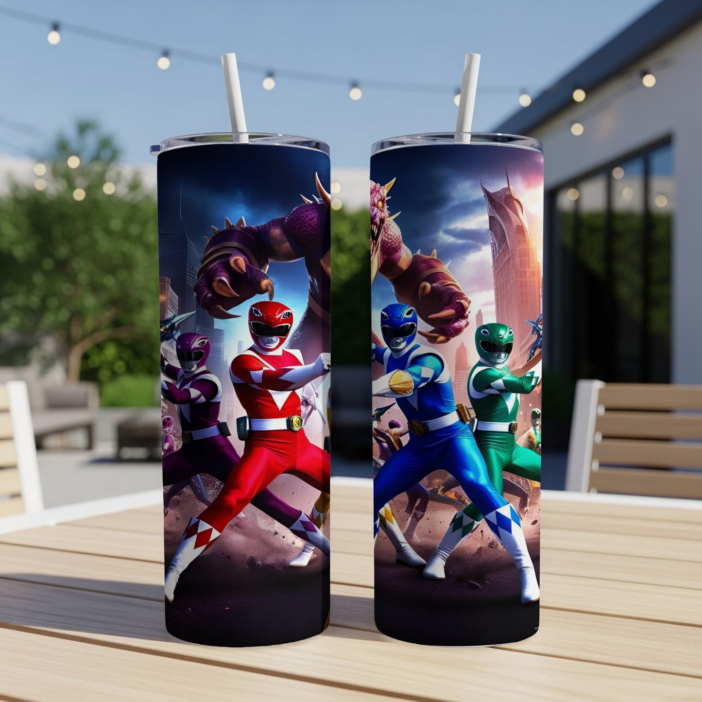 Red, Blue, and Green Power Rangers standing in front of a city with a monster.