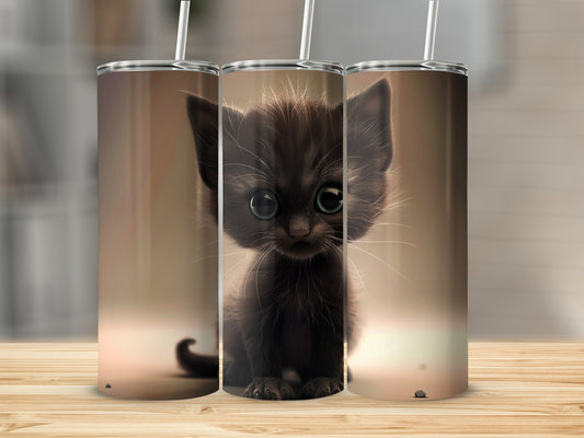 Three tumblers featuring a cartoon black kitten with large, green eyes.