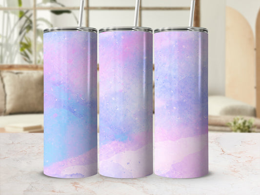 Three tumblers with a pastel watercolor design of pink, blue, and purple.