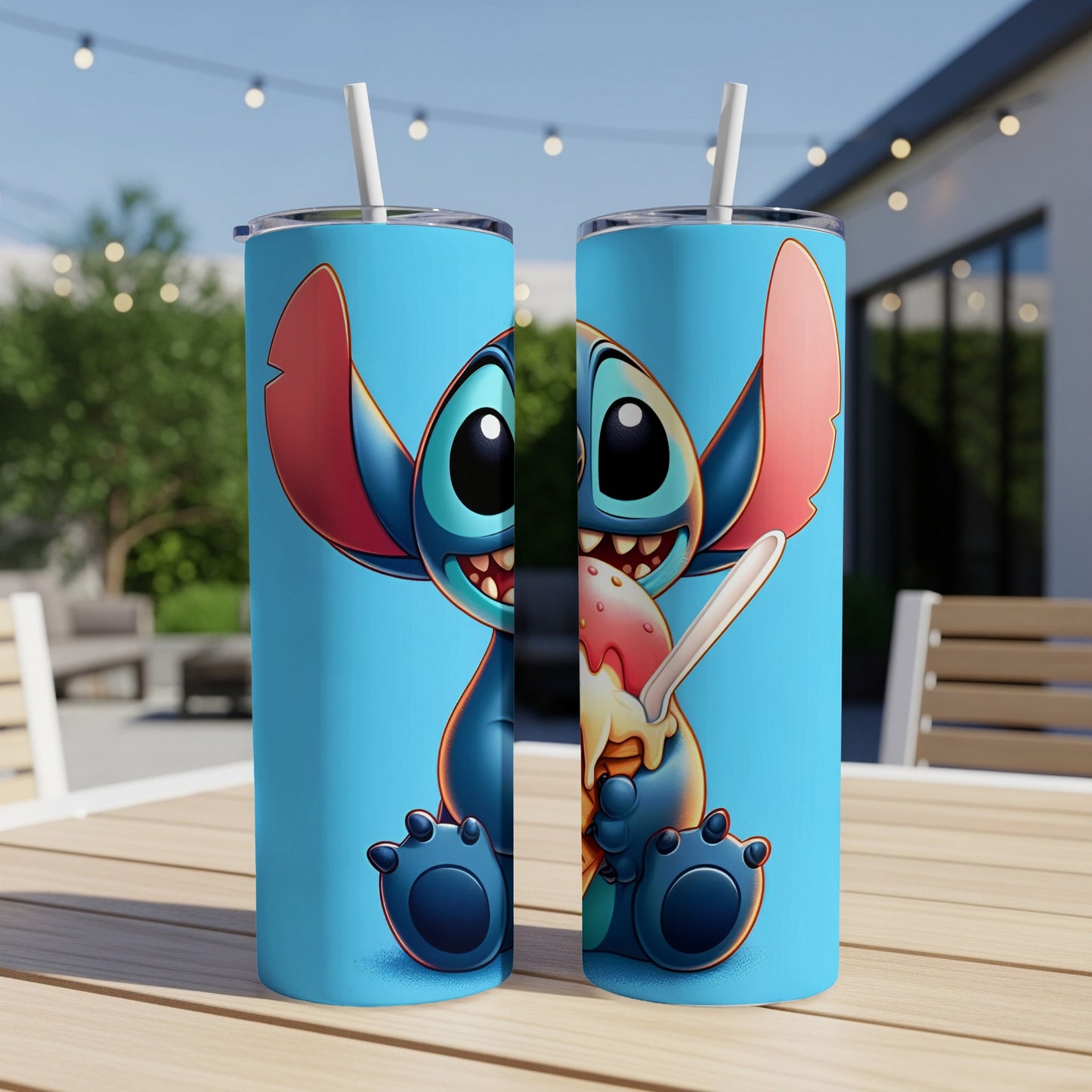 Blue Stitch character holding an ice cream cone on two tumblers.