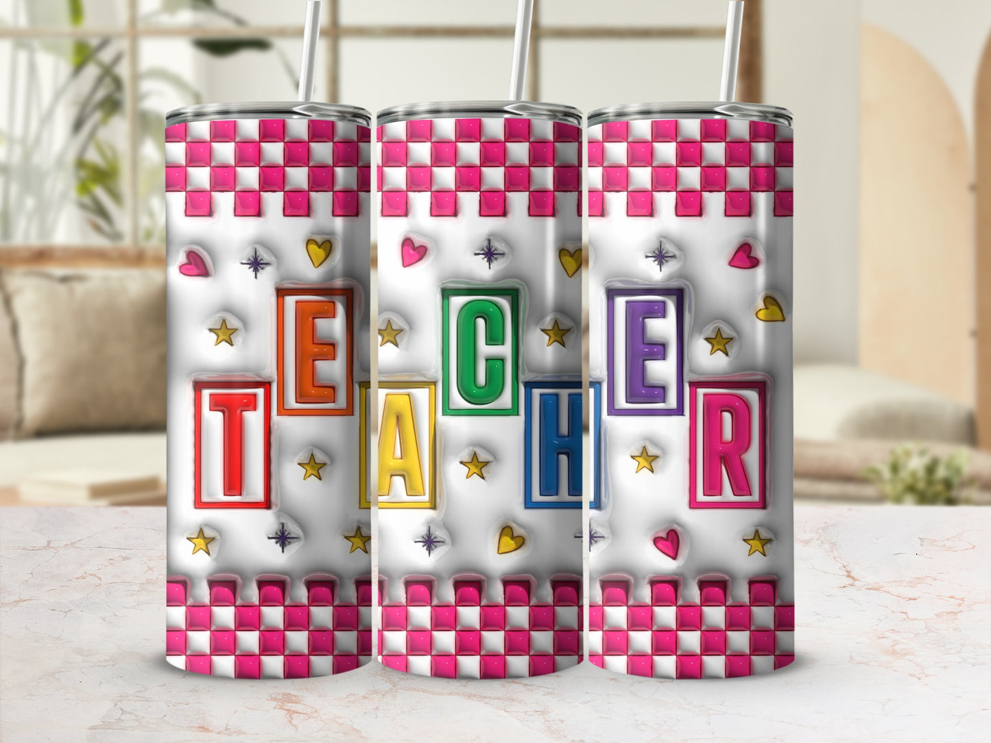 Colorful Teacher Letters in Squares Stars Hearts Tumblers