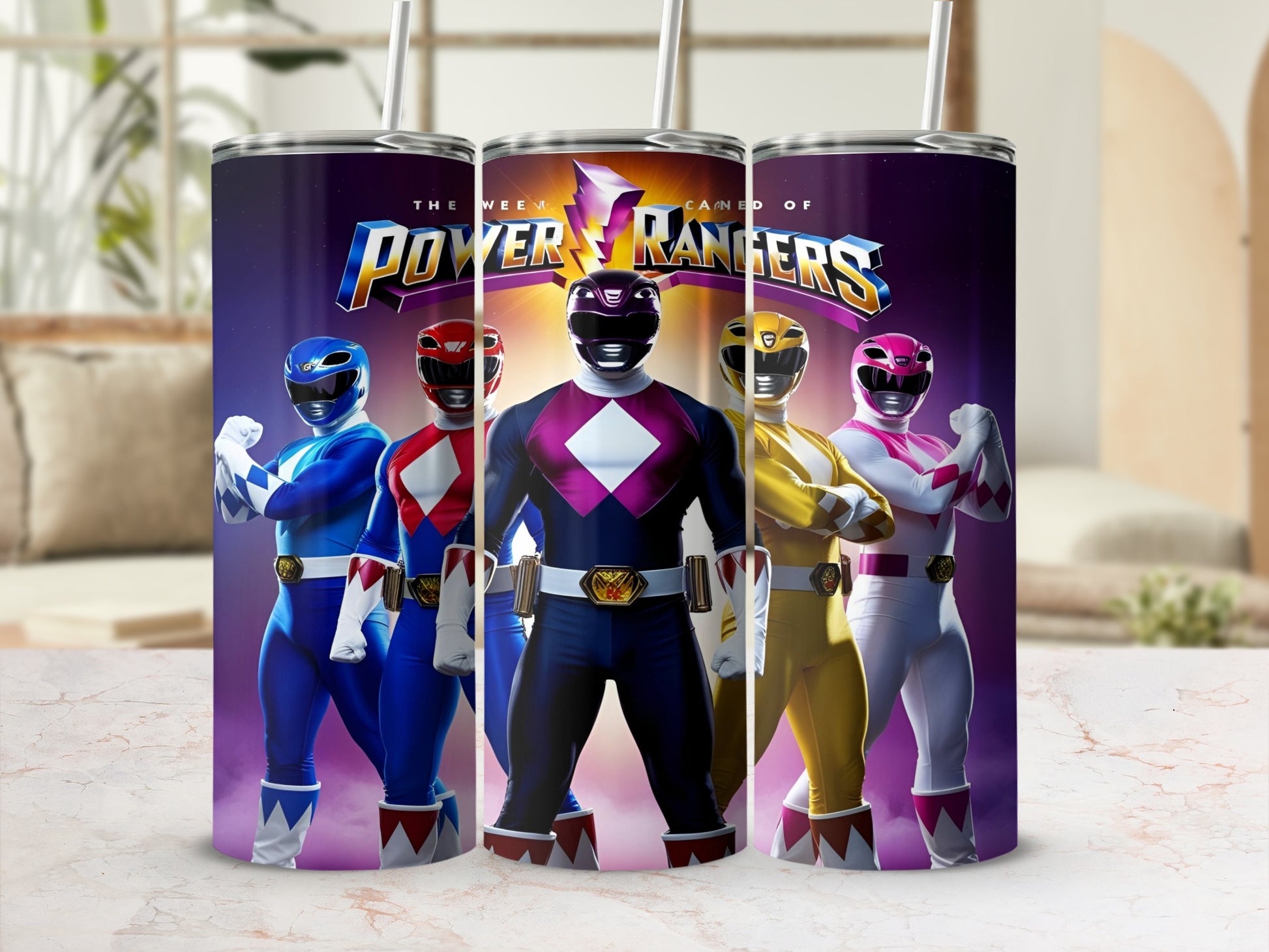 Power Rangers characters standing in front of a purple cosmic background.
