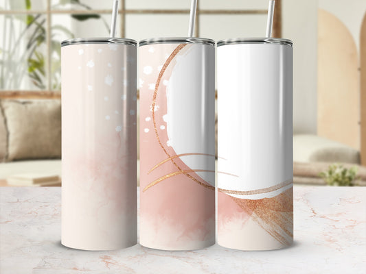 Three sublimation tumblers with abstract pink and gold watercolor designs.