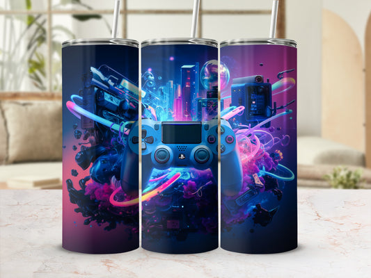 Three tumblers featuring a video game controller and neon city backdrop.