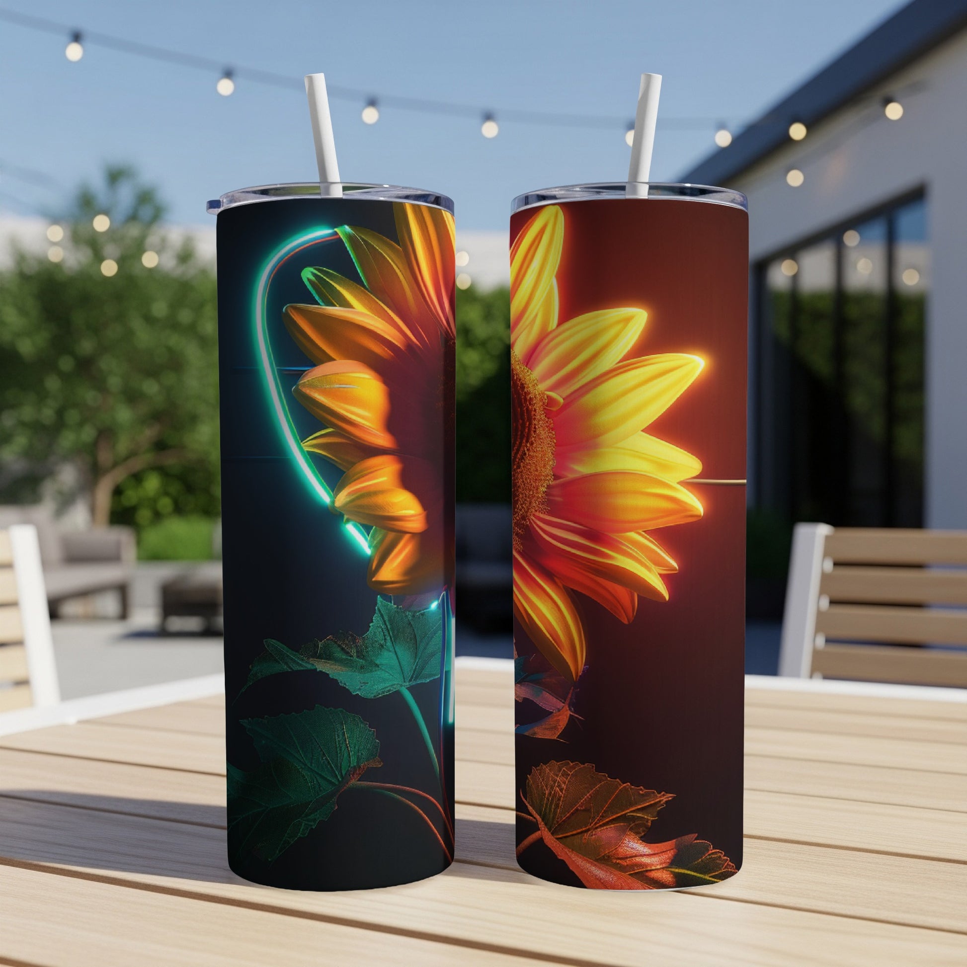 Two tumblers with sunflower designs, one with neon heart outline.