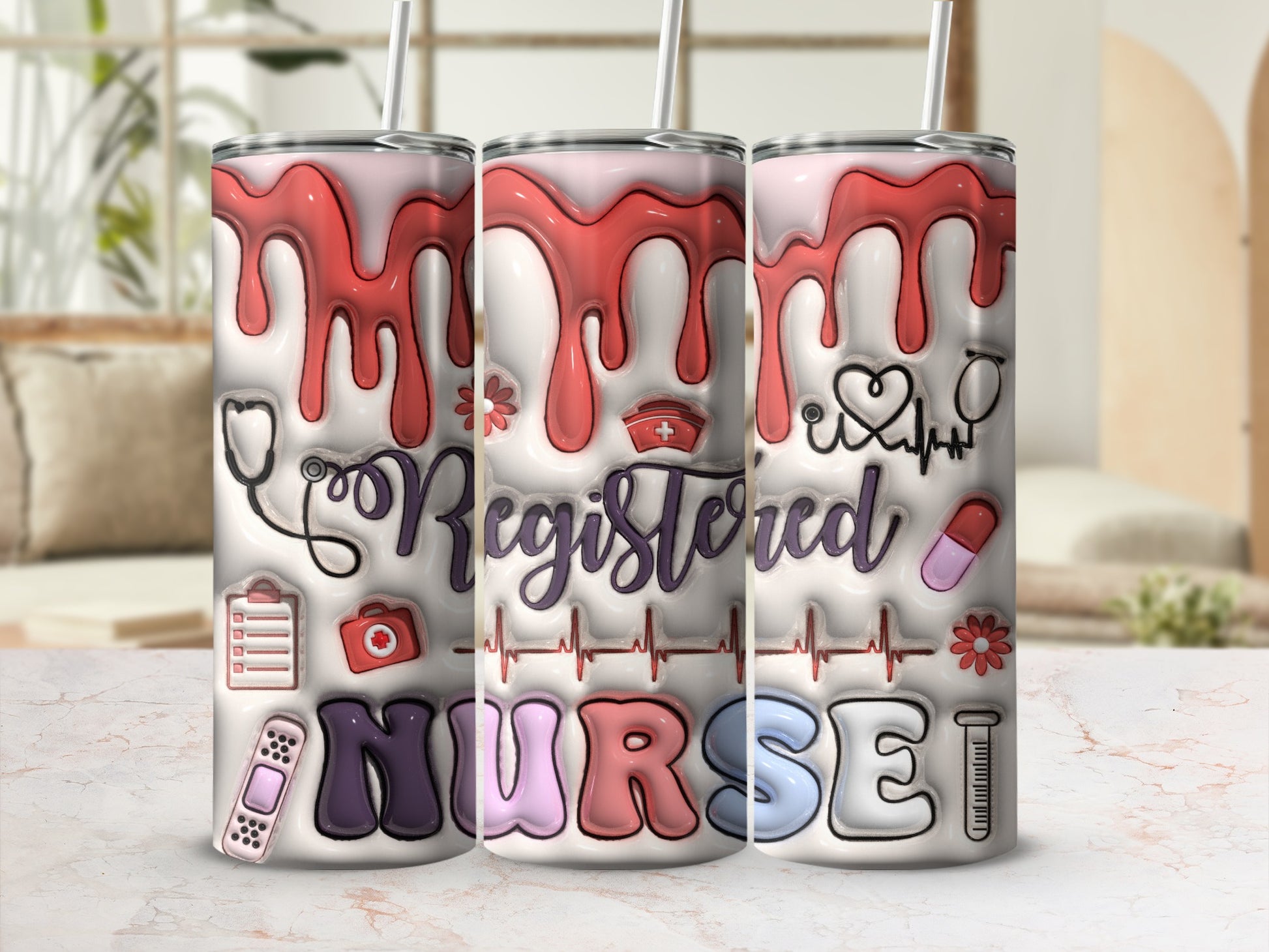 Pink dripping paint with "Registered Nurse" text and medical icons.