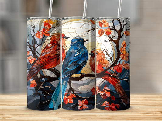 Three tumblers with stained-glass birds and autumn leaves design.