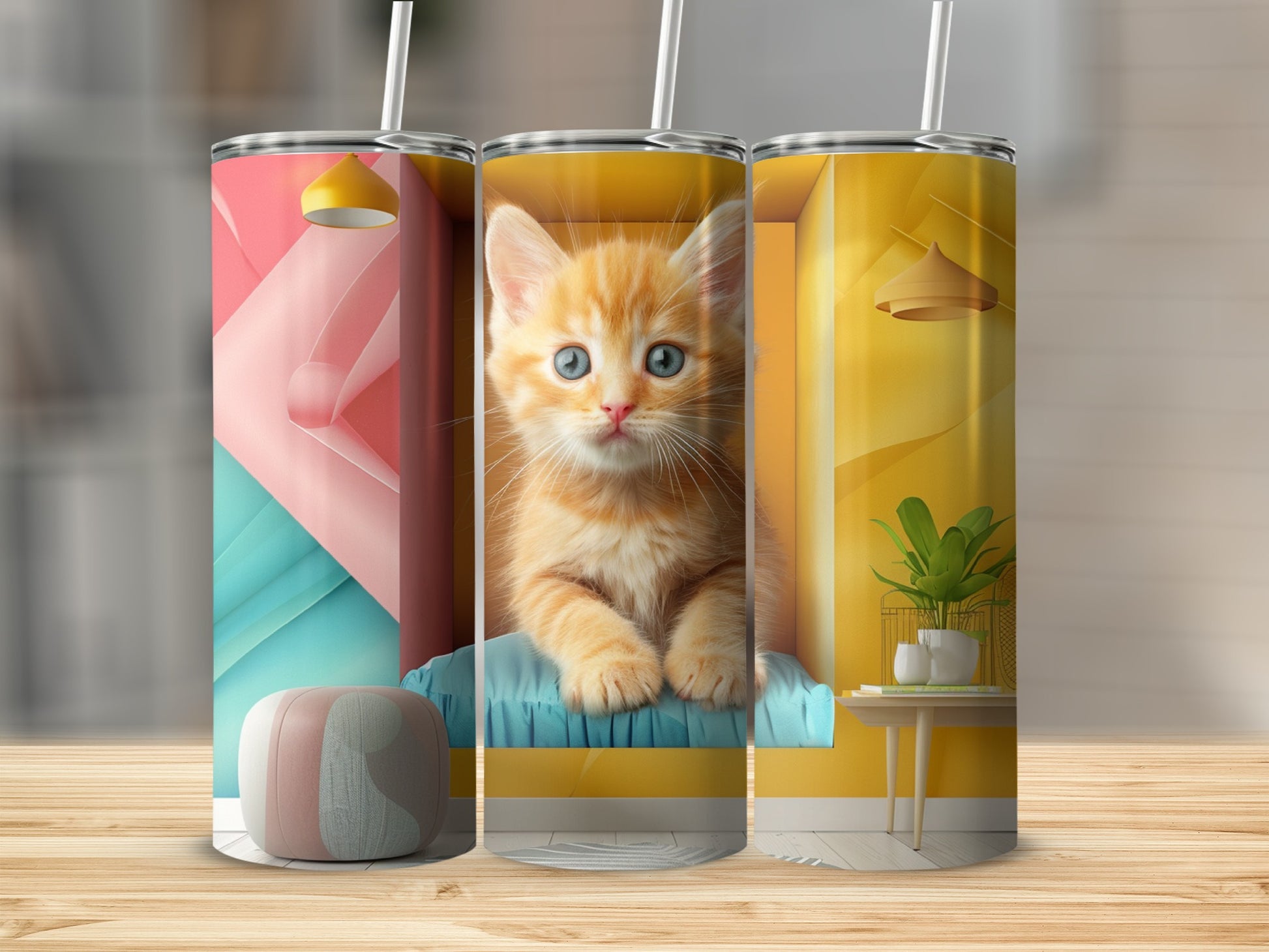 Orange tabby kitten in a modern yellow and blue display case.