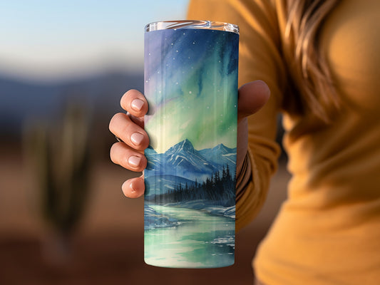 Northern Lights Mountain Landscape Travel Tumbler