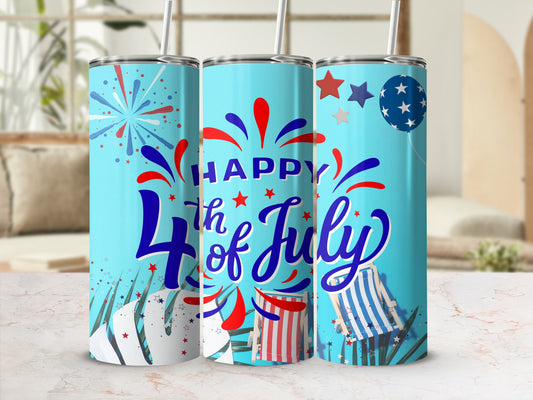 Cyan tumbler with "Happy 4th of July" text and patriotic graphics.