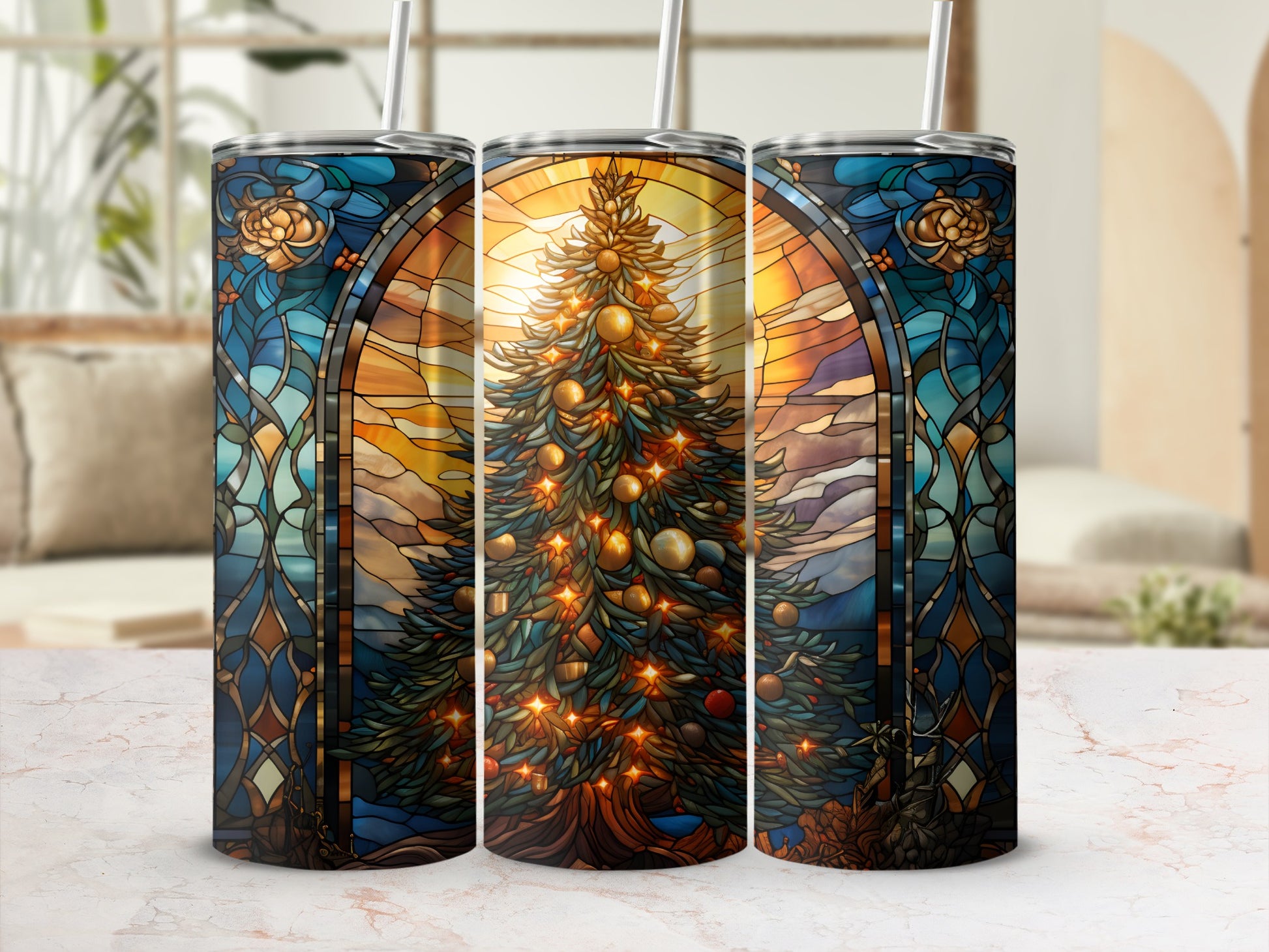 Christmas tree in stained glass design on a tumbler.