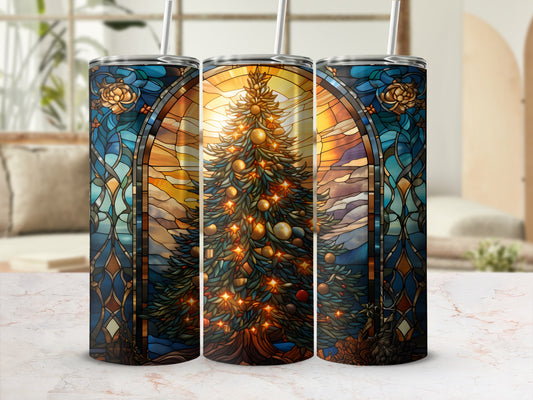 Christmas tree in stained glass design on a tumbler.