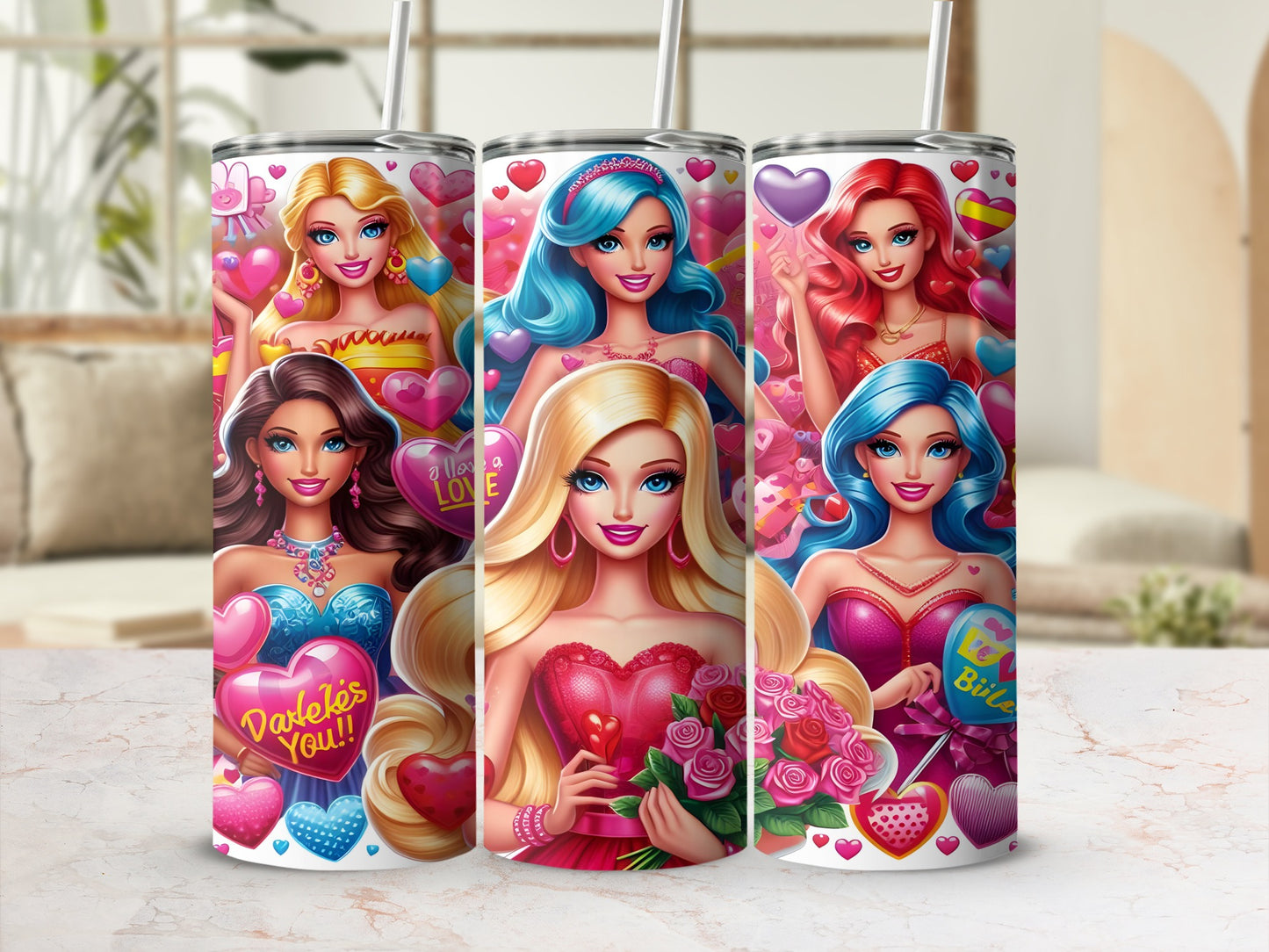 Three Barbie-themed tumblers with Valentine's Day designs and female characters.