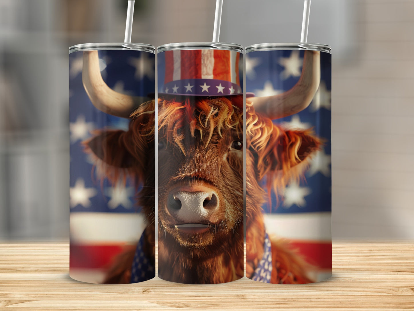Highland cow wearing American flag hat and bandana.