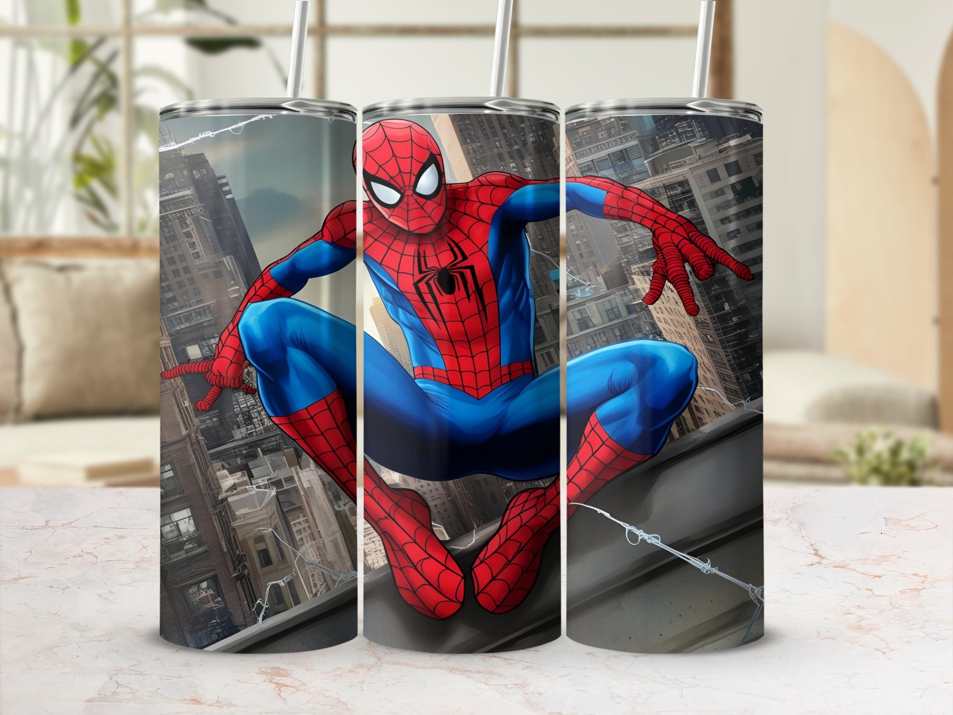 Spider-Man in dynamic pose on a rooftop against a cityscape background.