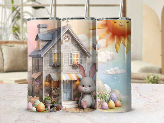 Easter bunny and eggs on pastel background with whimsical house.
