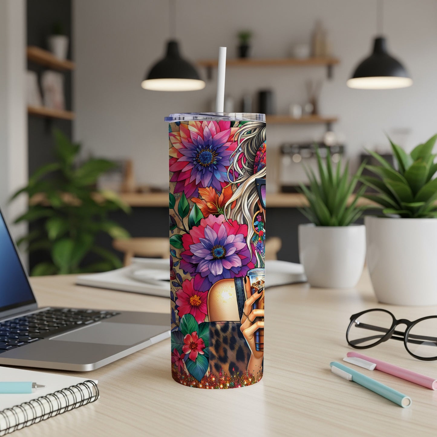 Floral tumbler with leopard print and woman holding a coffee cup.