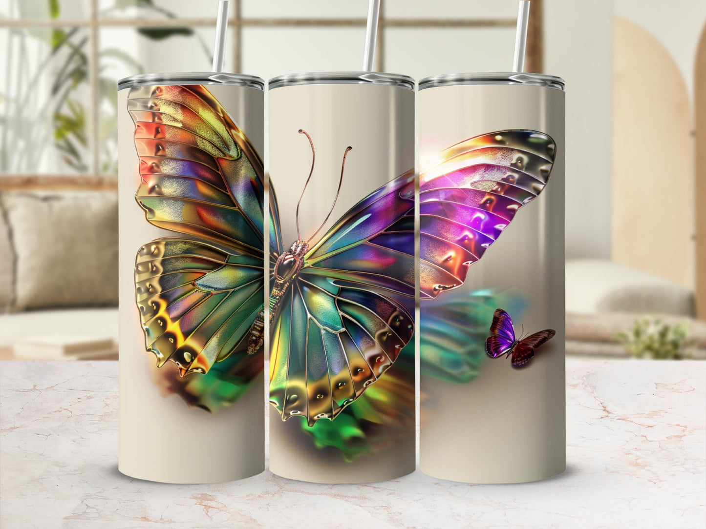 Three tumblers featuring a colorful, iridescent butterfly design.