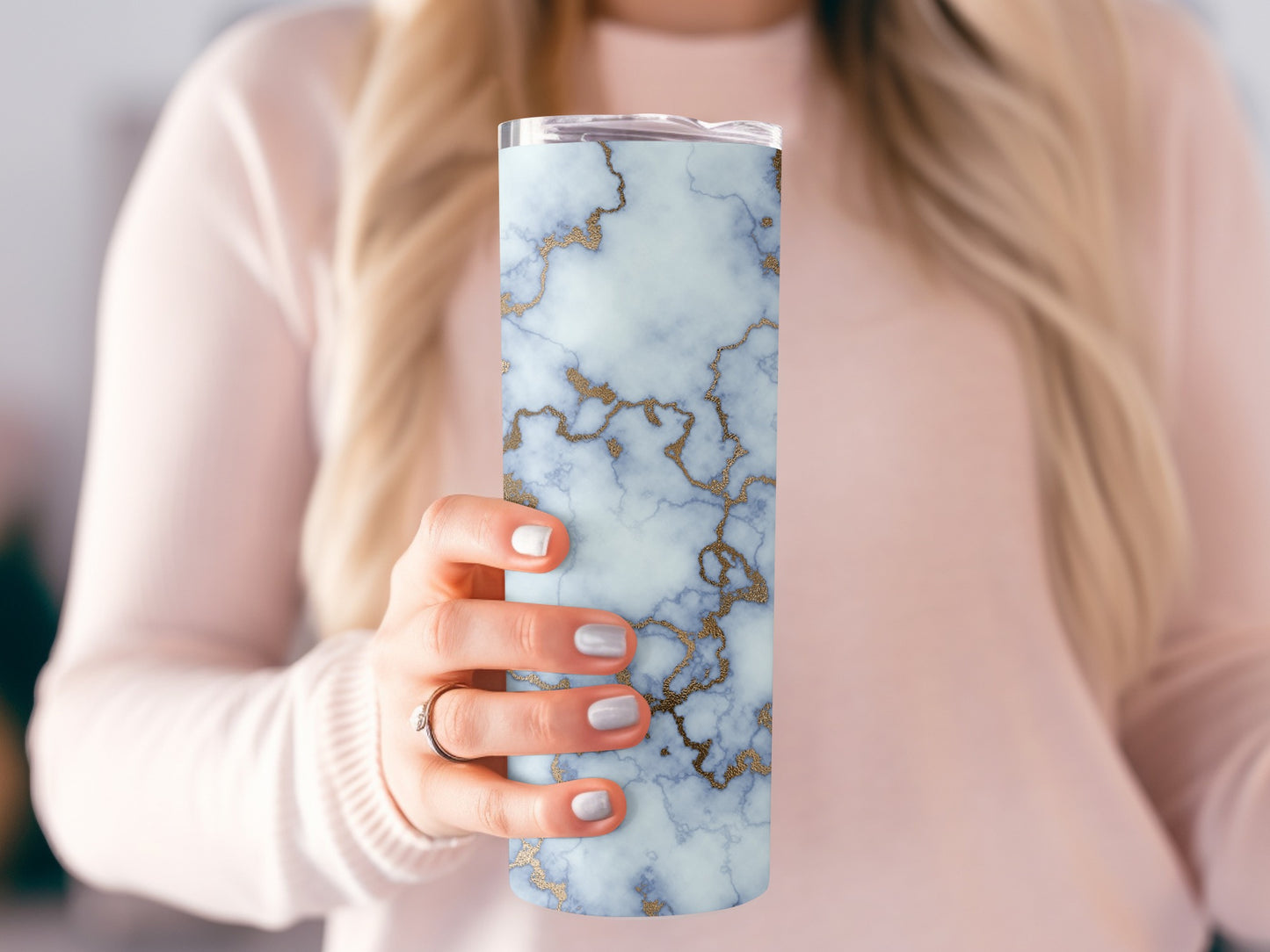 Golden Veins on Blue Marble Effect Background Tumblers