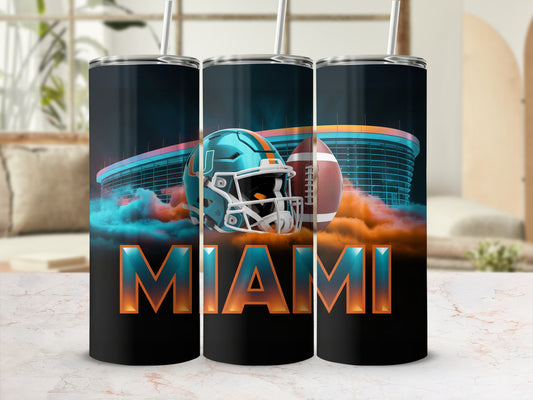 Miami Dolphins tumbler with helmet, football, and stadium background.