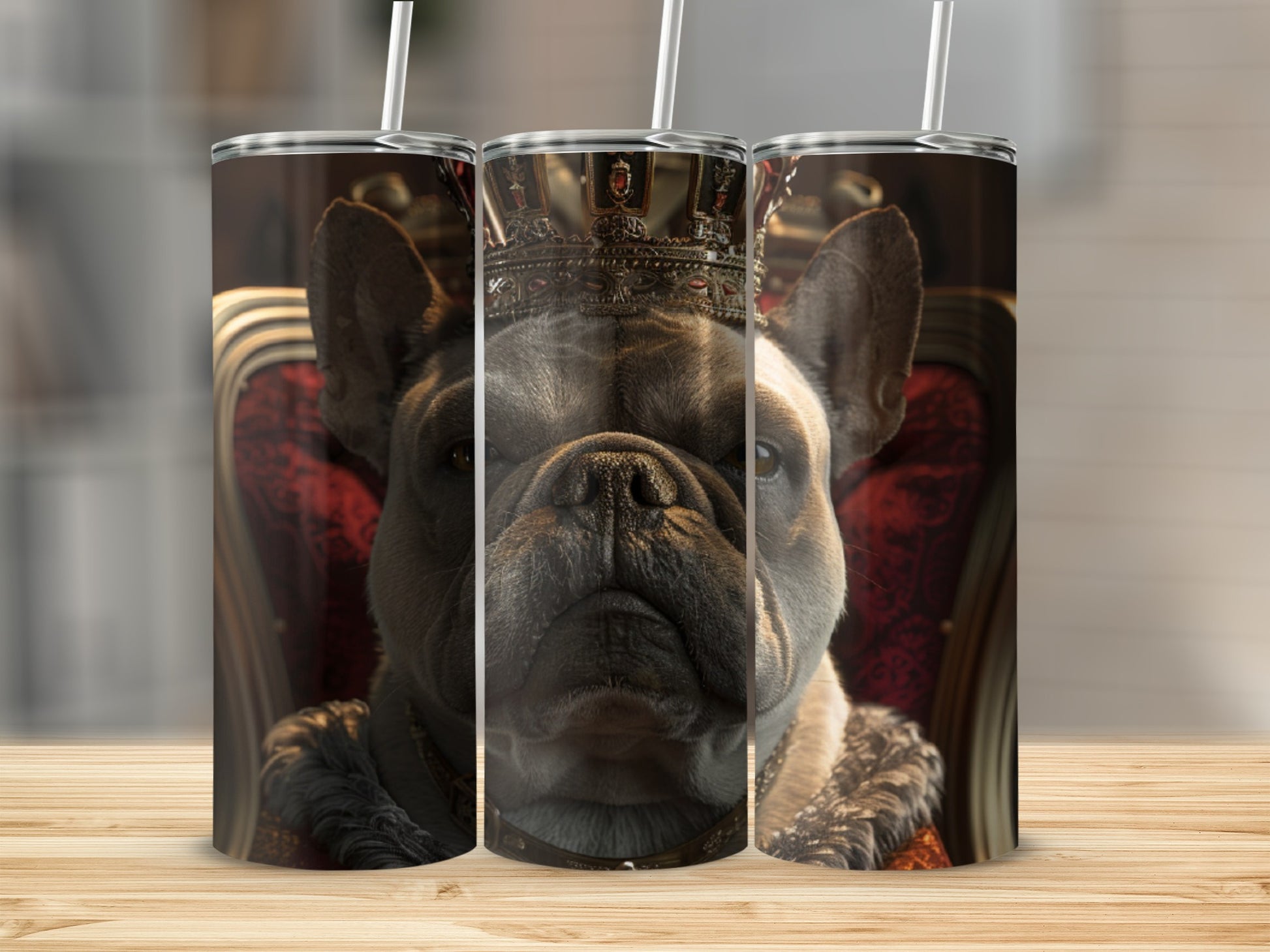 French Bulldog wearing a crown sits regally on a red velvet throne.