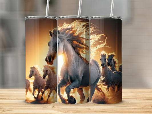 Three tumblers display running horses with sunset lighting and flowing manes.