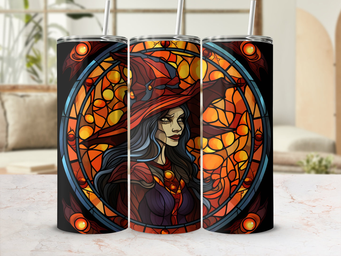 Stained glass tumbler with witch portrait and red hat.