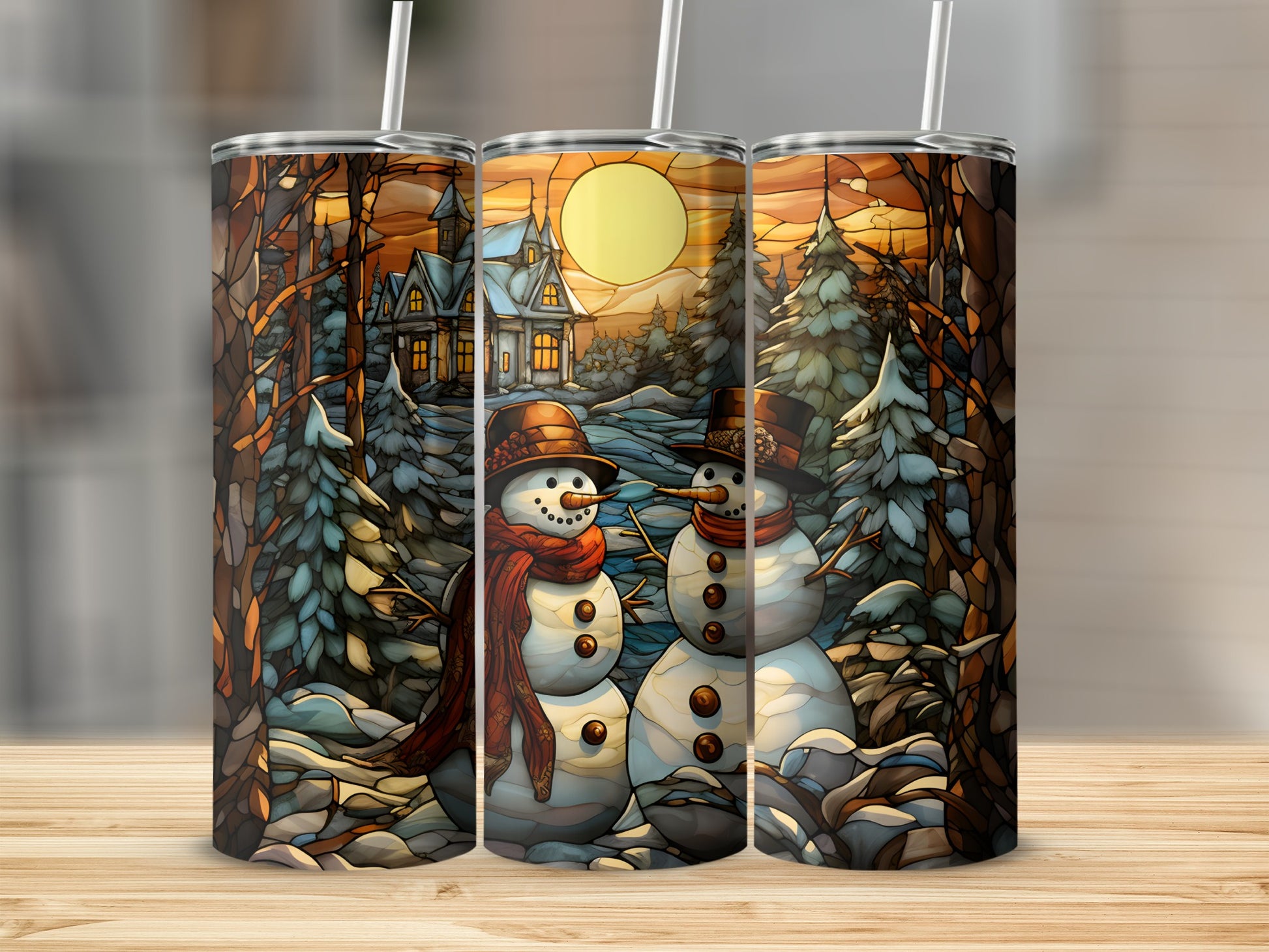 Three stained-glass style snowmen in a winter forest scene.