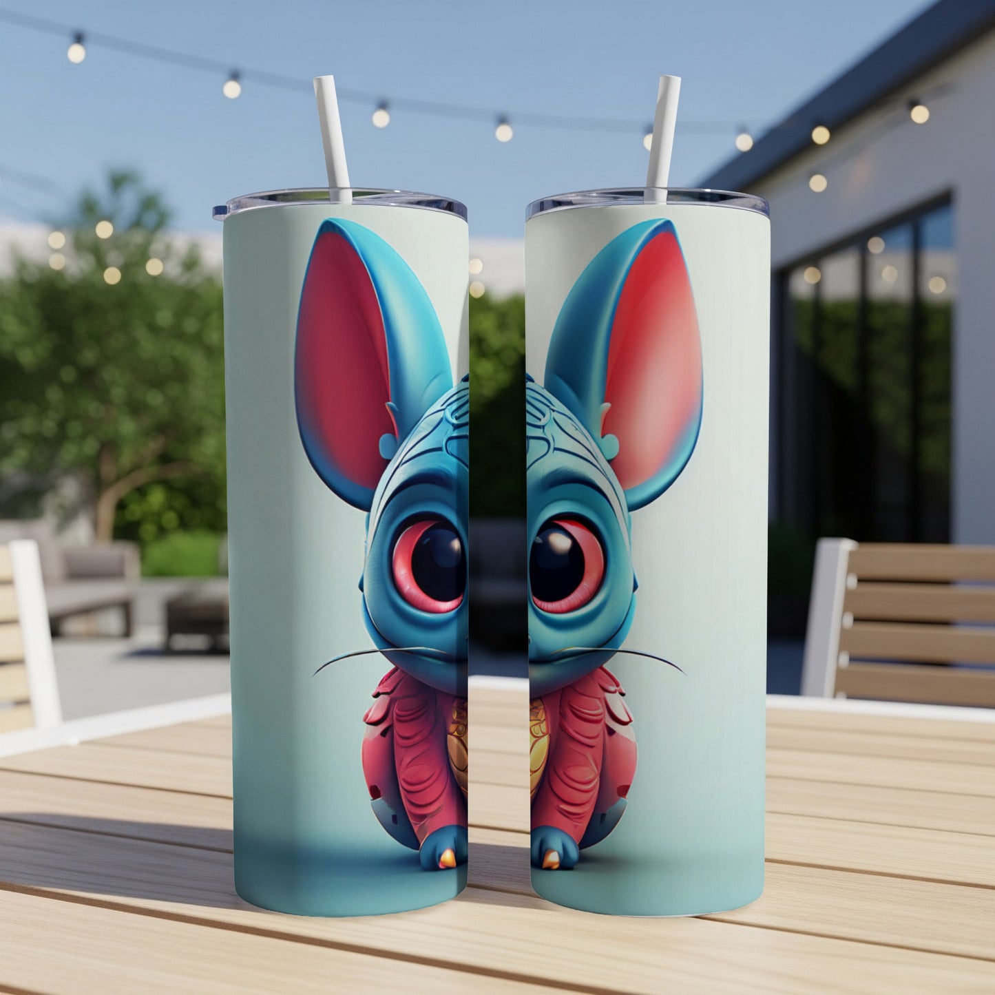 Blue mouse character with large red eyes on two tumblers.