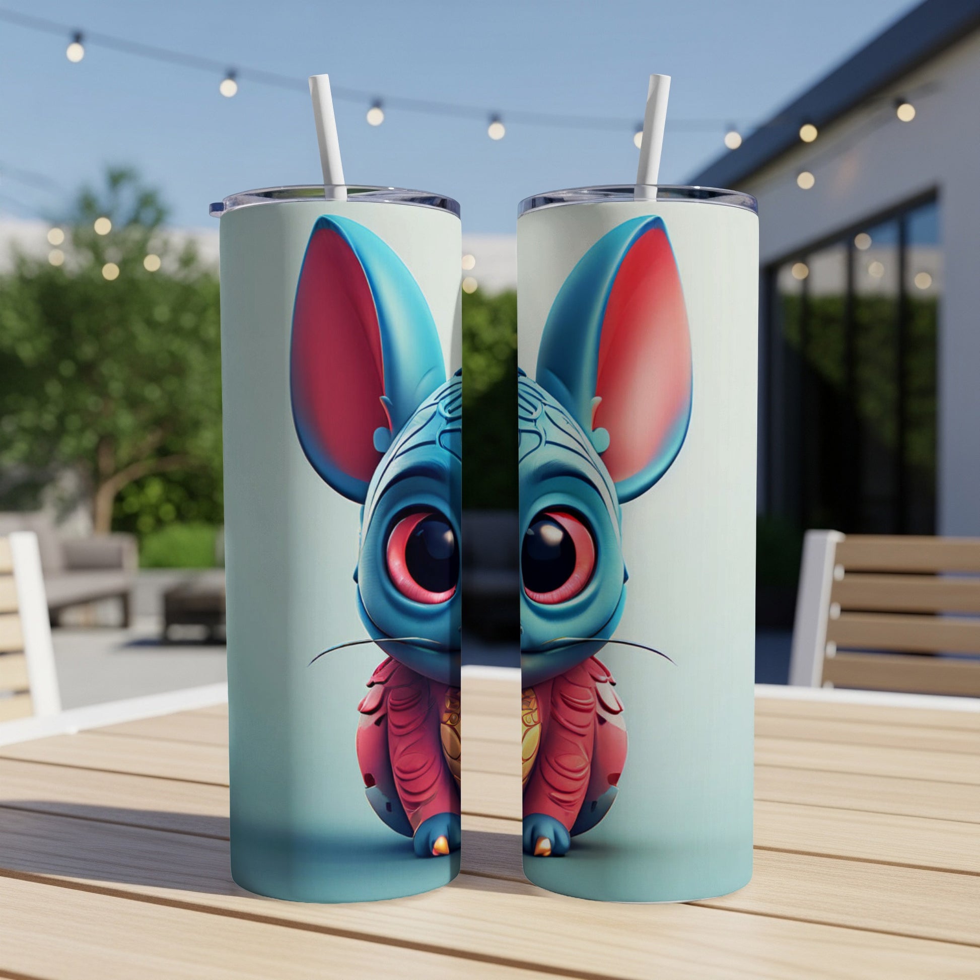 Blue mouse character with large red eyes on two tumblers.