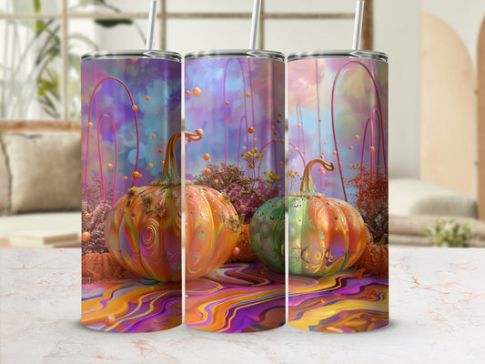 Three tumblers with abstract, colorful pumpkin designs and marbled finishes.
