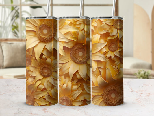 Three tumblers with a yellow sunflower floral pattern.