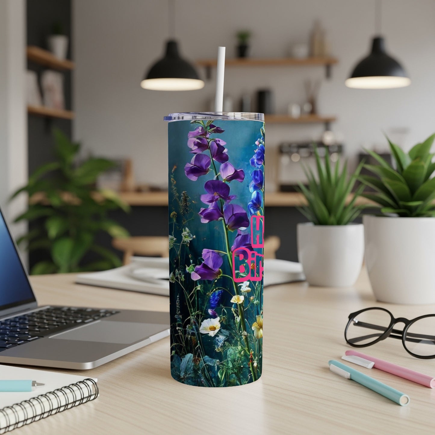 Floral tumbler with pink text reading "Happy Birthday".