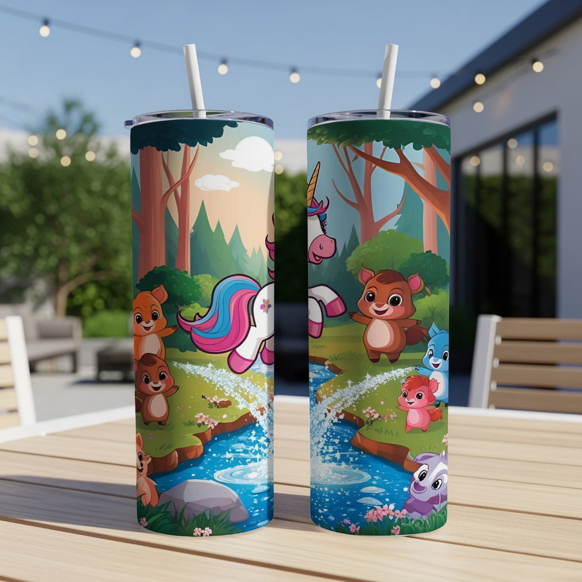 Unicorn and woodland creatures on a stream, surrounded by trees and sunshine.