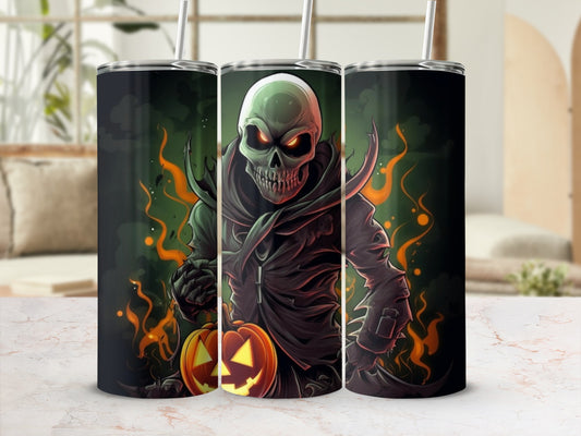 Three tumblers with a spooky skeleton and pumpkin Halloween design.