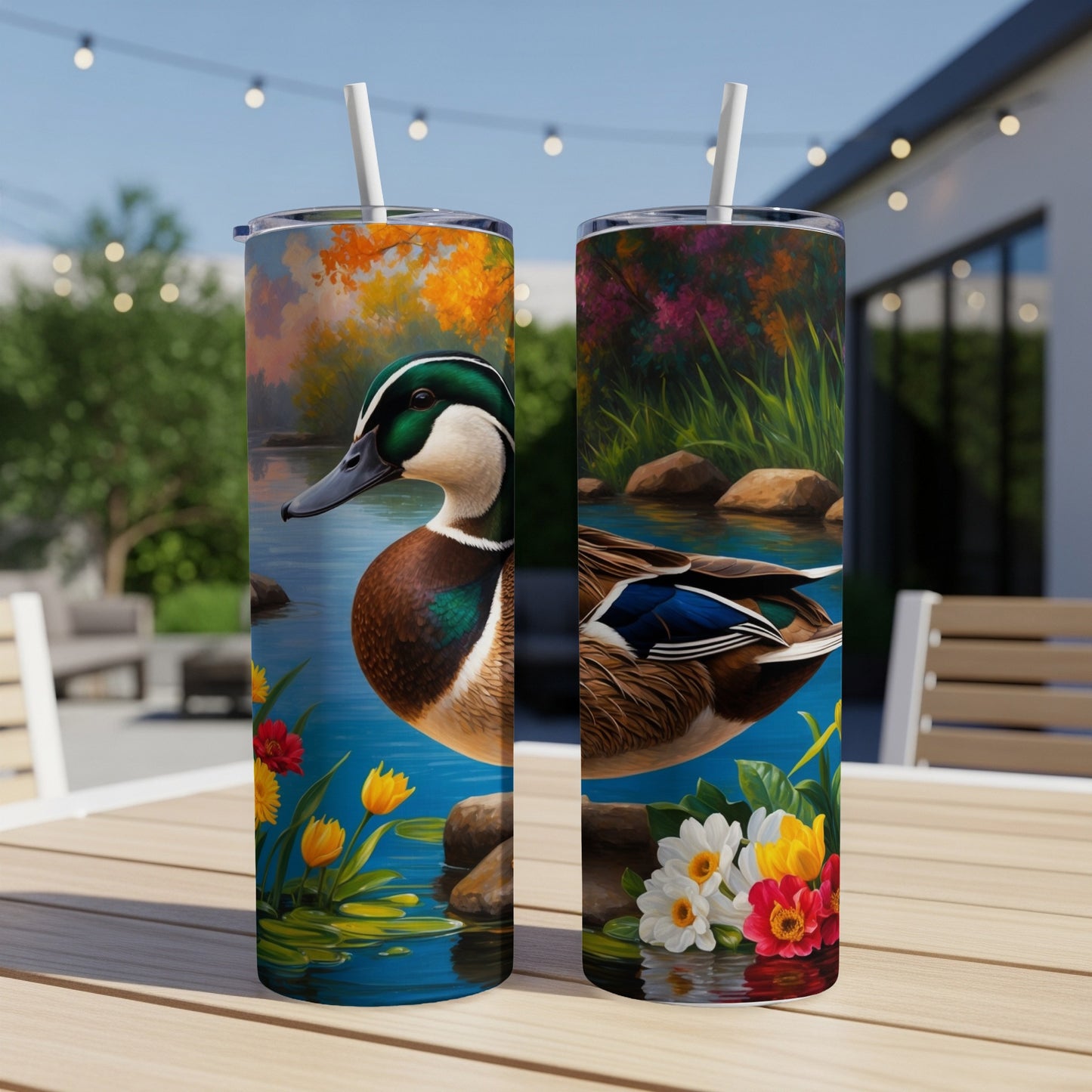 Two tumblers with a mallard duck and colorful flowers by a pond.