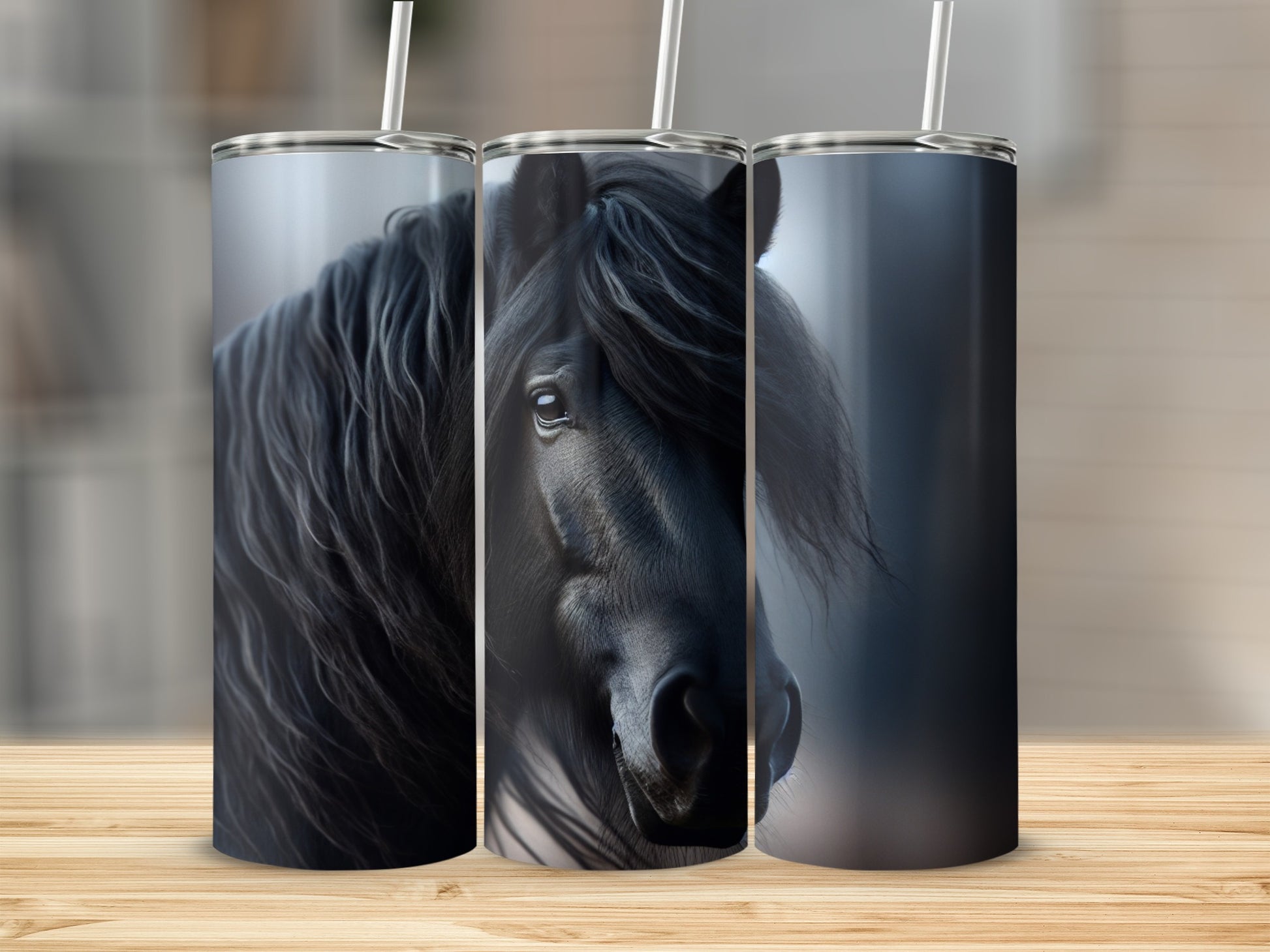 Black horse head on a tumbler with a straw.