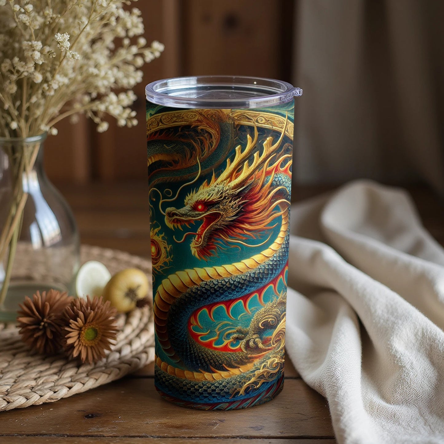 Fire Breathing Dragon Artwork on Colorful Tumbler