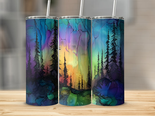Three tumblers with colorful abstract forest and sky designs.