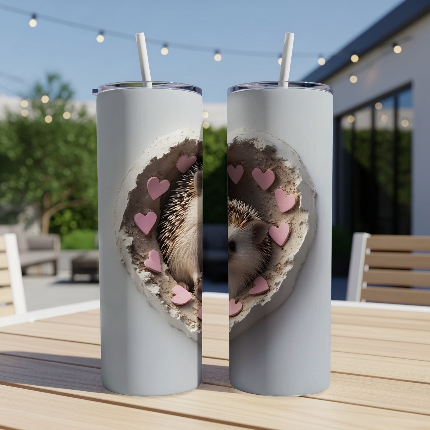 Two tall tumblers featuring a hedgehog peeking through a heart-shaped hole.