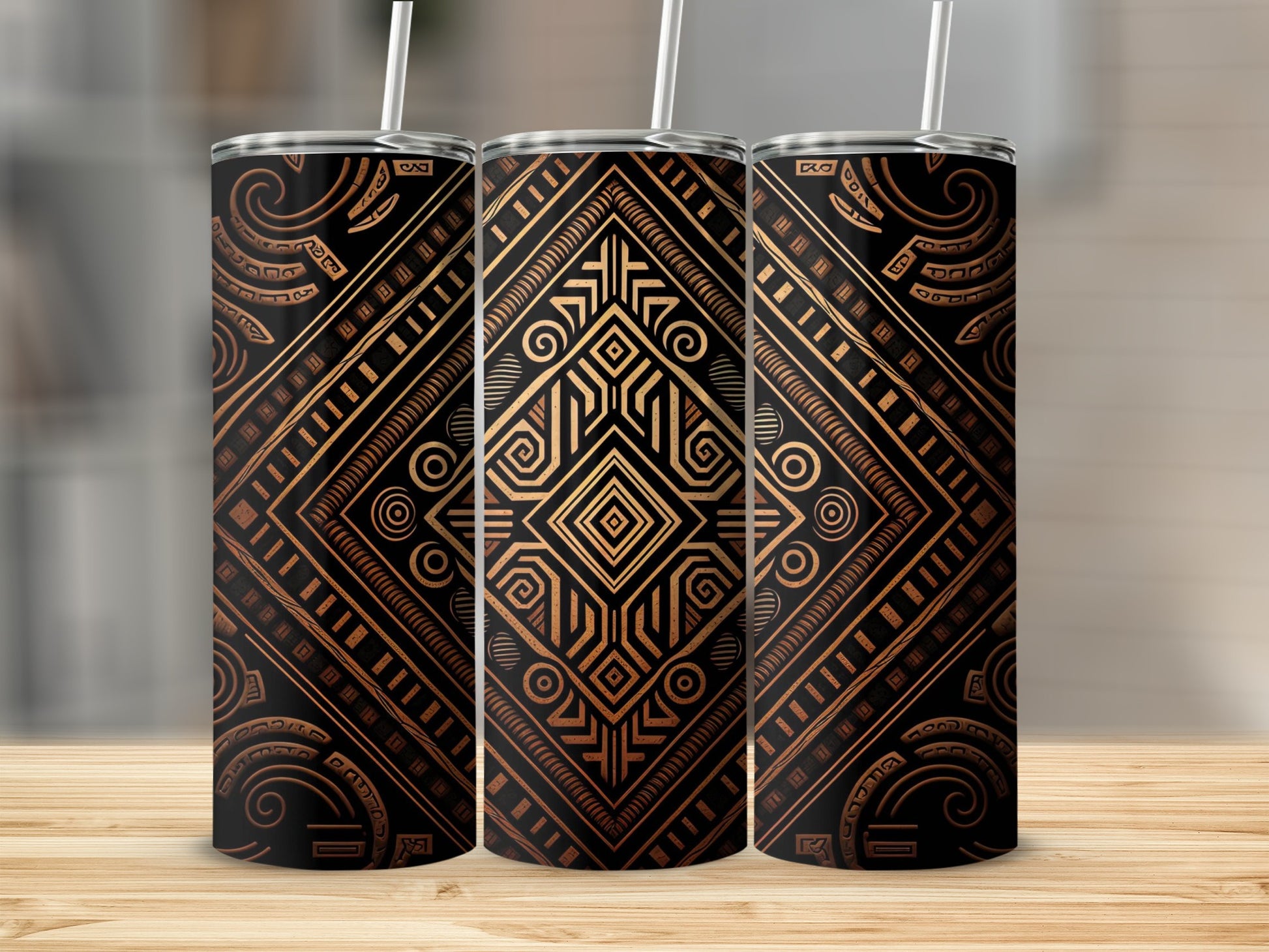 Geometric Tribal Patterned Black and Gold Tumbler