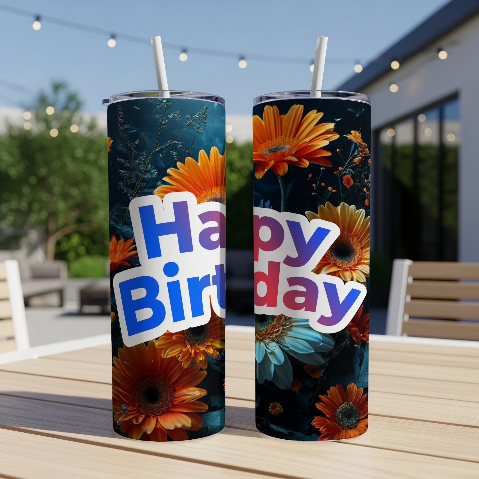 Tumbler with "Happy Birthday" text and floral design.