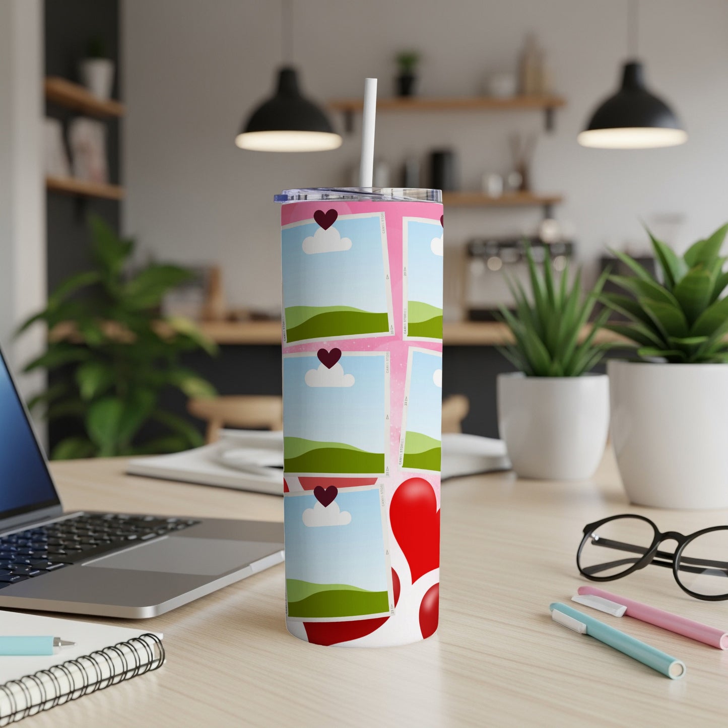 Tumbler with a pink background and a collage of photo frames, clouds, and hearts.
