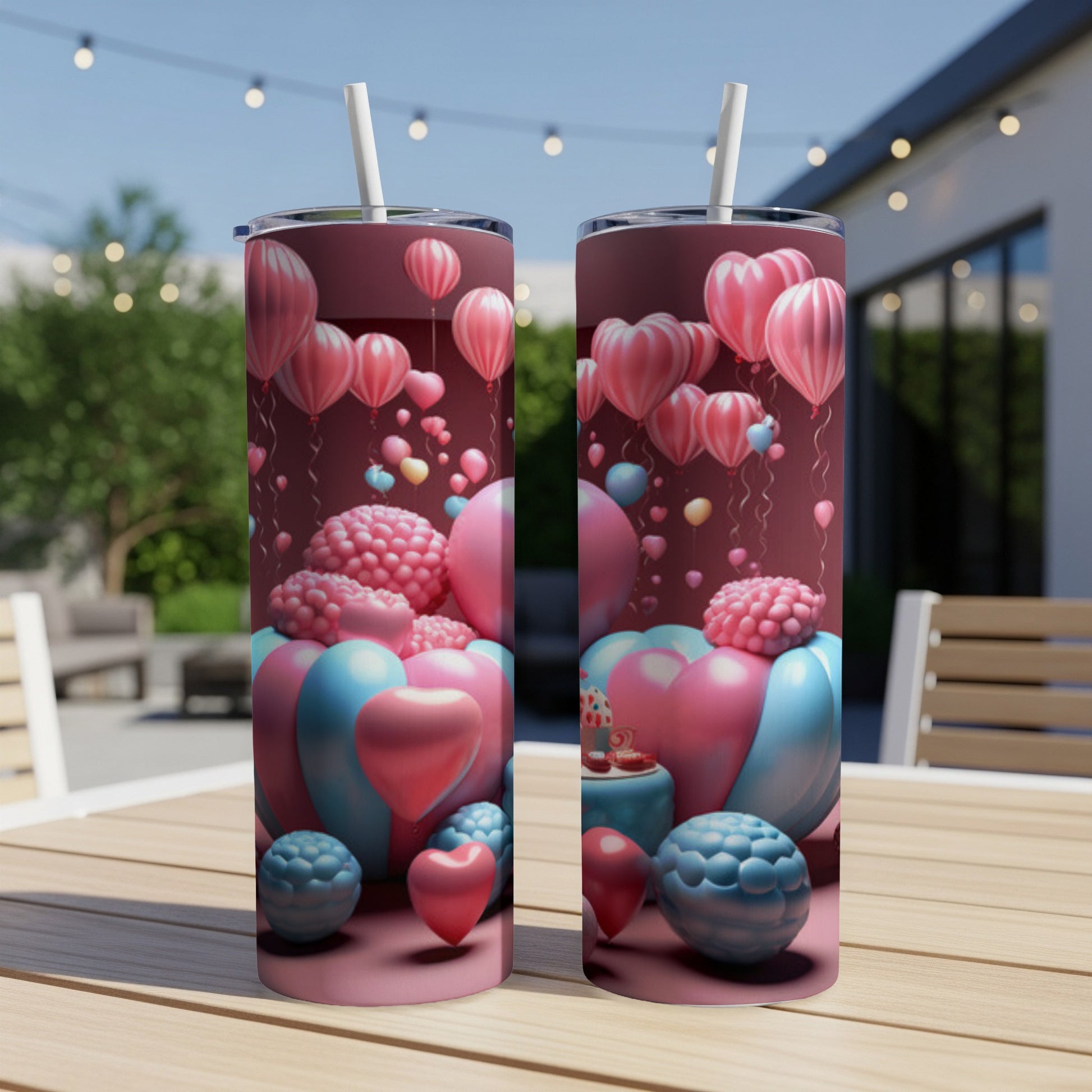 Two pink tumblers with heart-shaped balloons and spherical decorations.